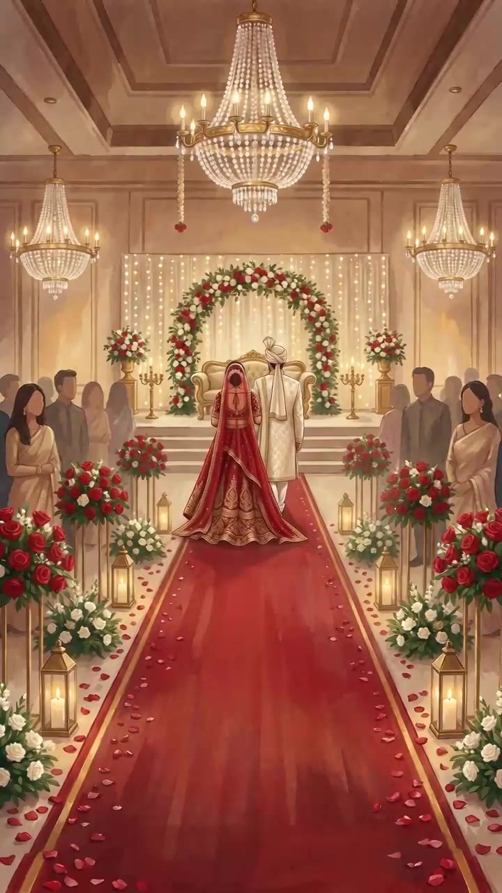 The Baraat hall: a red carpet lined with roses, chandeliers, the couple at the stage