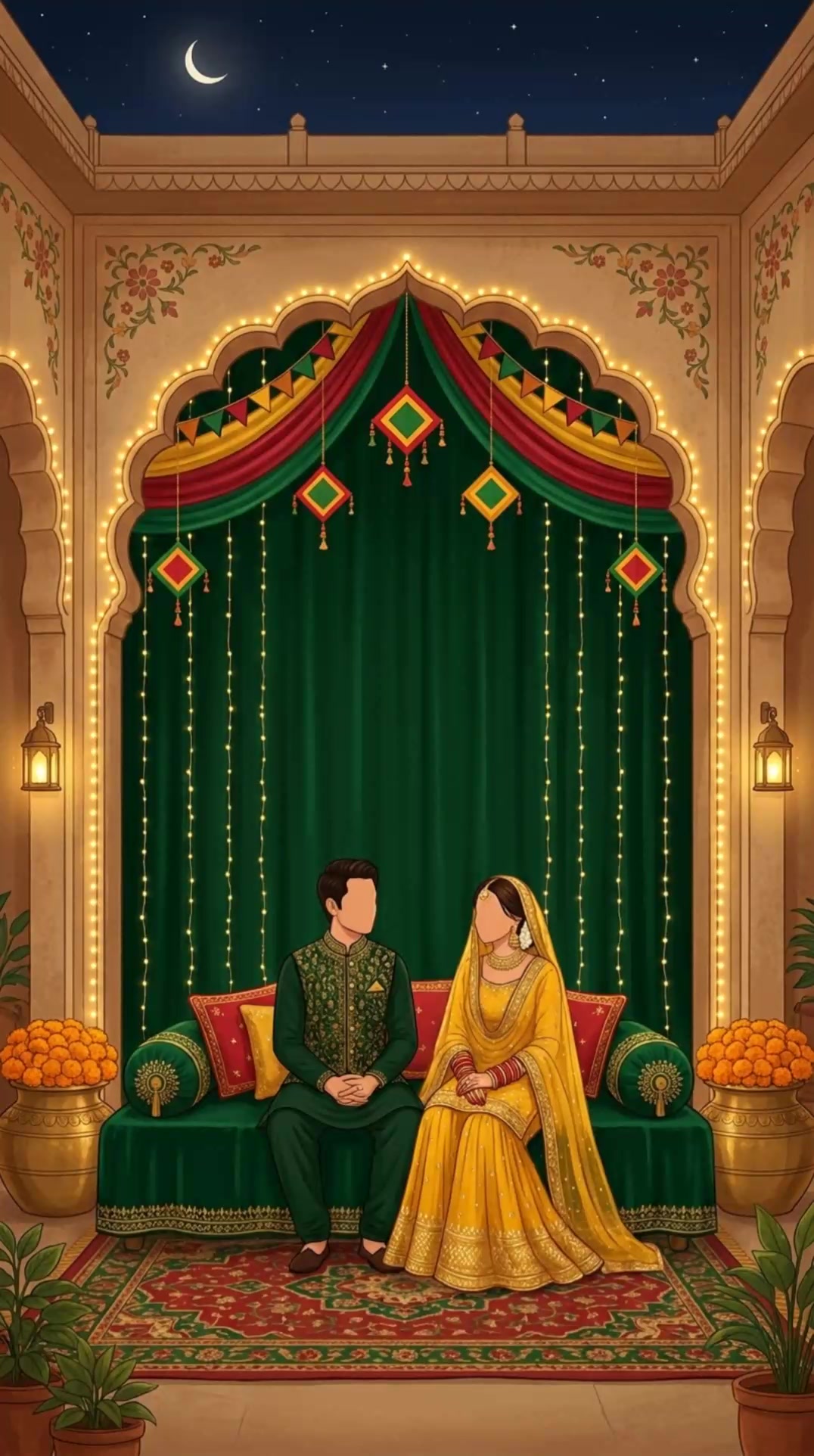 The Mehndi stage: green drapes, a couple on a sofa, fairy lights