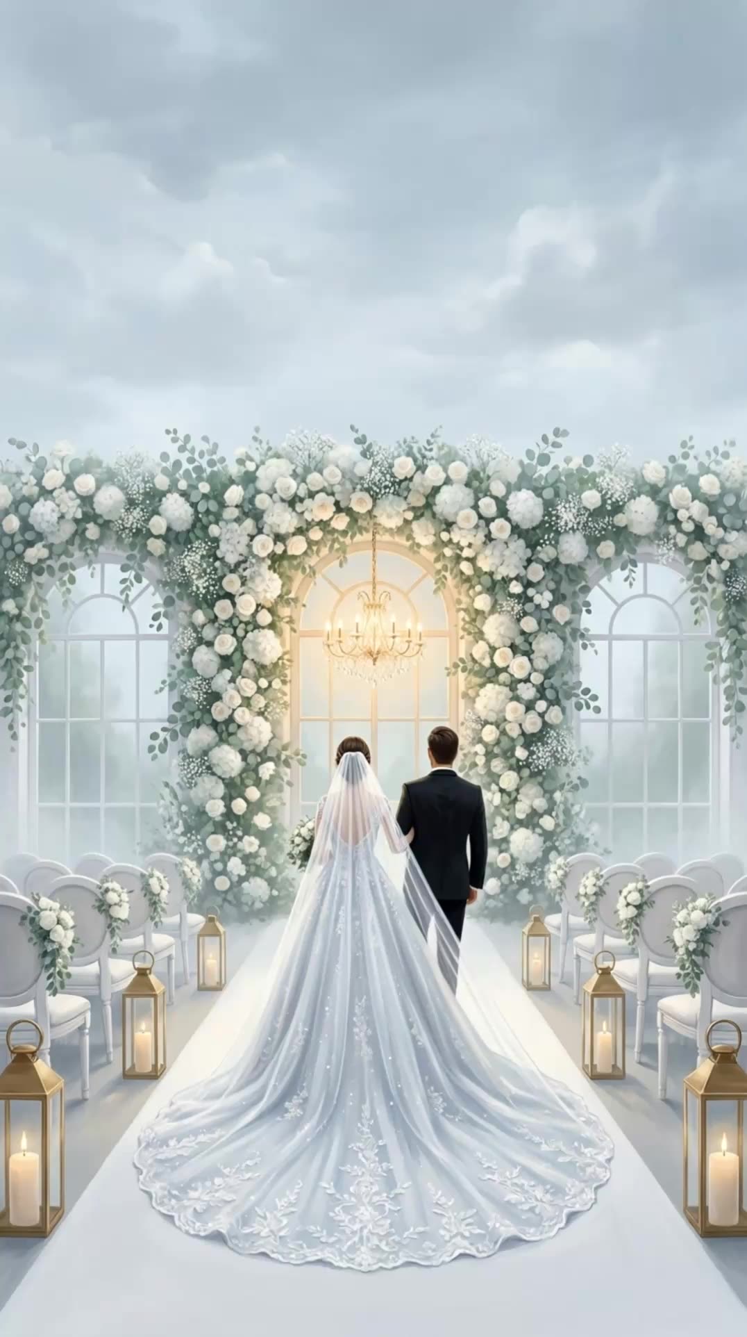 The Walima cover: a white floral aisle lit by lanterns